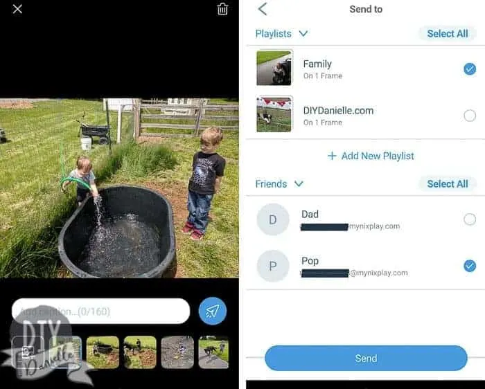 Screenshots of the NixPlay app. Left: Add captions to the photos you want to send. Right: Select the playlists/friends you want to send the photos to.
