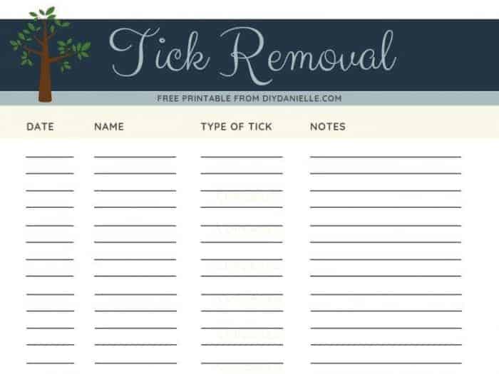 Tick removal tracking sheet for the family. Get the free printable on diydanielle.com
