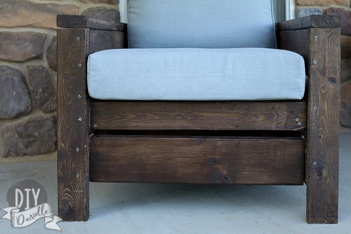 DIY Outdoor Chairs: Close up photo. Rustic look with Cordovan Brown stain and gray cushions.