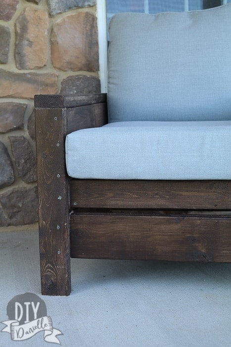 Close up of the DIY rustic outdoor chairs. These are heavy and won't blow away.