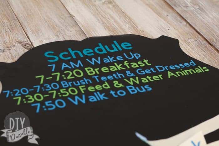 Part of the schedule items applied to the chalkboard with Cricut vinyl.
