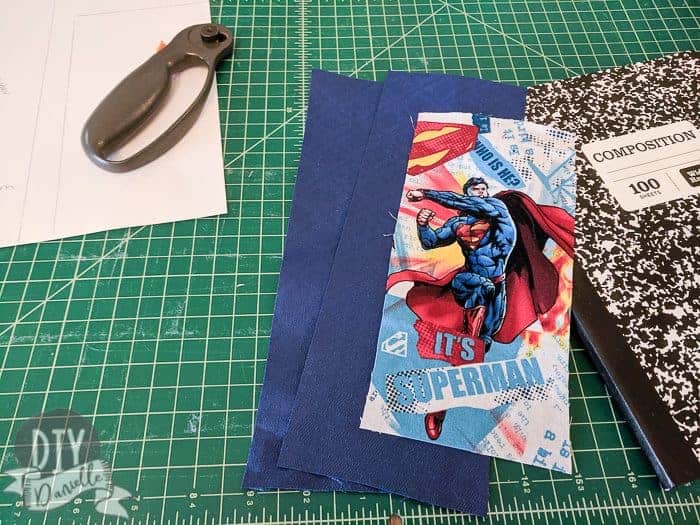 Superman fabric with matching blue solid fabric.