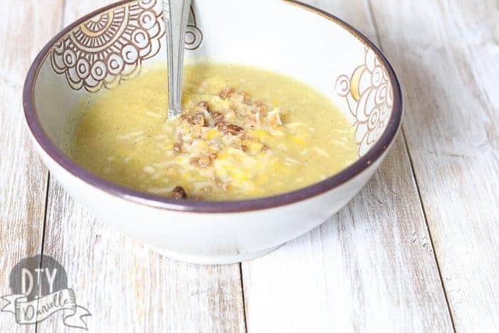 Crockpot pumpkin soup with bacon bits and cheese in it! YUM!