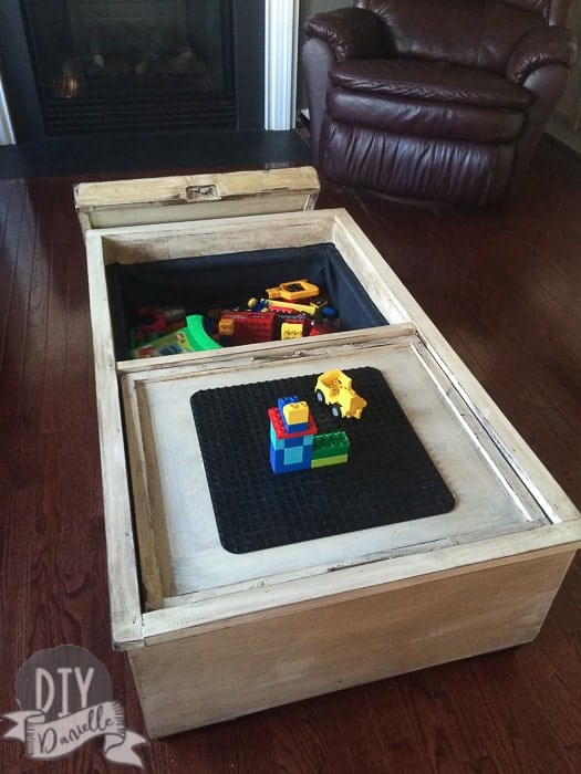 This used to be a beaten up leather storage ottoman. Now it's a toy chest for Legos and more!