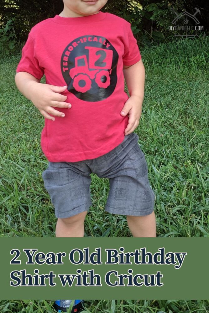 Photo: close up of a 2 year old boy wearing a red shirt. You cannot see his face. The shirt has a Cricut vinyl design on it with a dump truck. The text on the shirt says 'Terror-ifcally 2"

Text on the graphic says 2 year old birthday shirt with Cricut