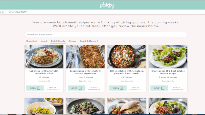 Plate Joy App Photos: Batch Meal Choices.