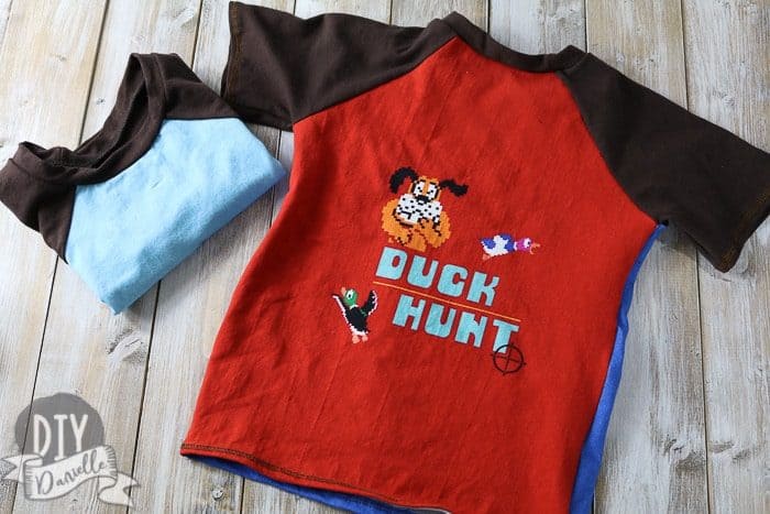 Duck Hunt panel on a handmade boy's shirt. 