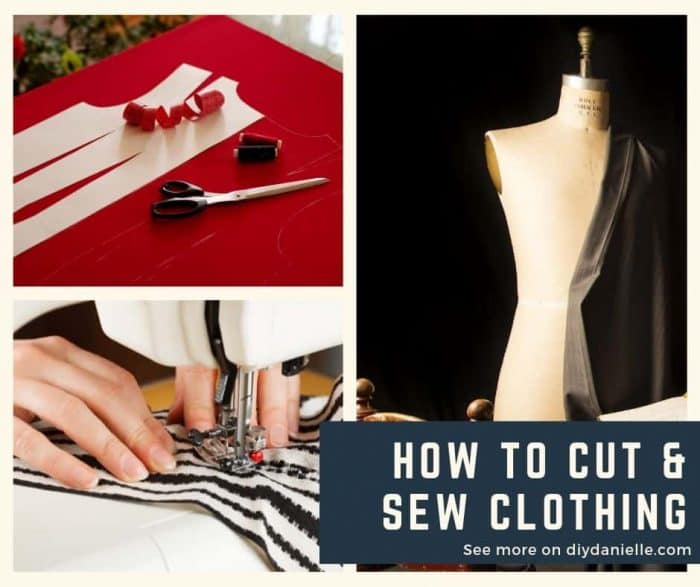 How to cut and sew clothing. A beginner's guide. Photos: Cutting fabric, sewing fabric, and fabric draped on a dress form.