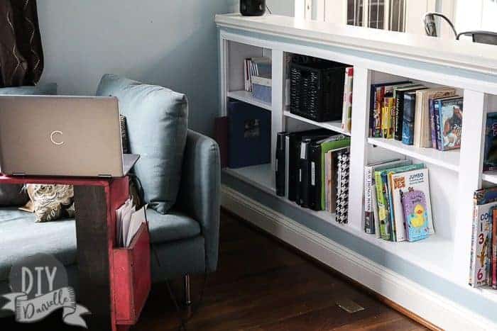 Recessed bookshelves in the living room.