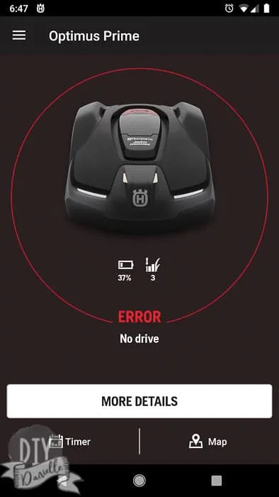 Error warning on the mower, showing up in the AMC app.