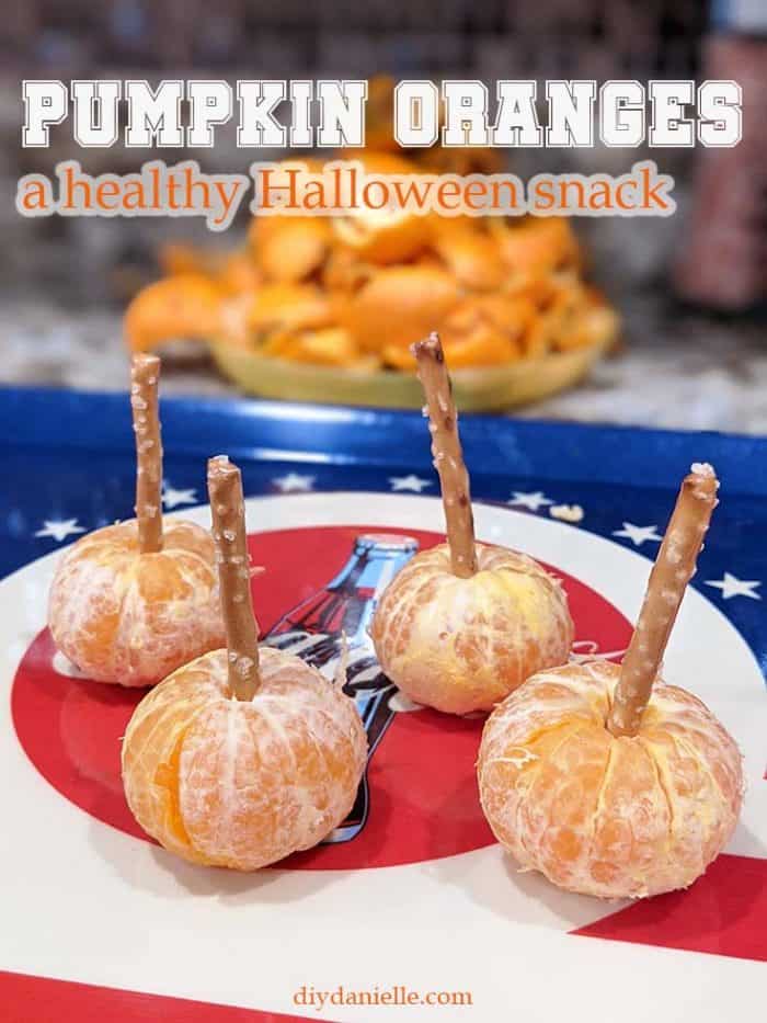 Pumpkin oranges without celery. Use pretzels as stems to make this perfect healthy Halloween snack. 