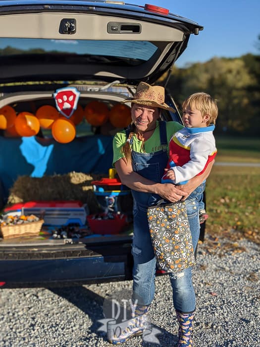 Farmer Yumi, Ryder, and a Paw Patrol trunk for Trunk or Treat.