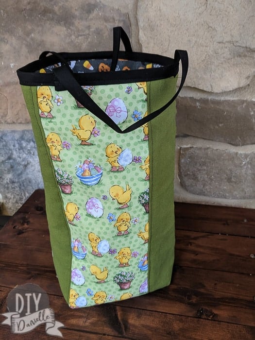 Easter basket on the outside. There's Halloween fabric on the inside to make for a reversible bag. 