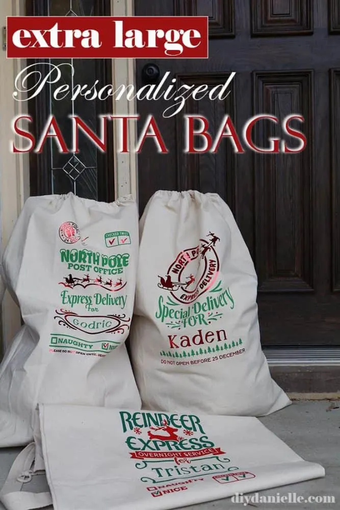 DIY Personalized Santa Bags for Christmas. Learn how to make extra large Santa sacks with Cricut HTV.