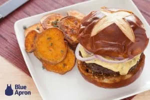 Pretzel bun burger with sweet potatoes from Blue Apron