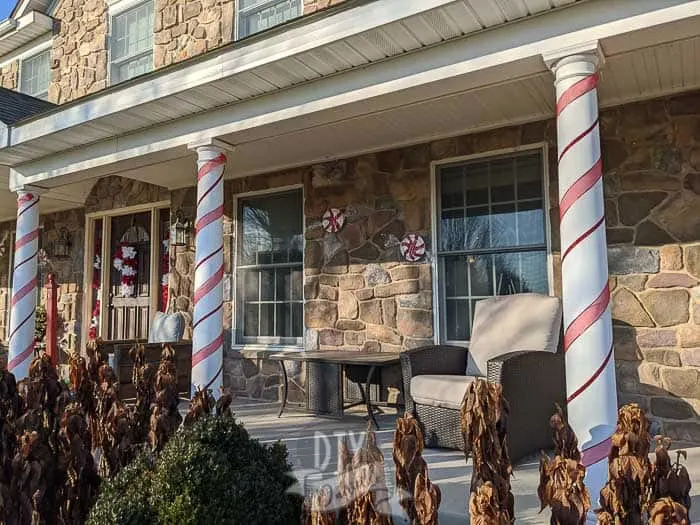 Candy themed front porch for Christmas decor.