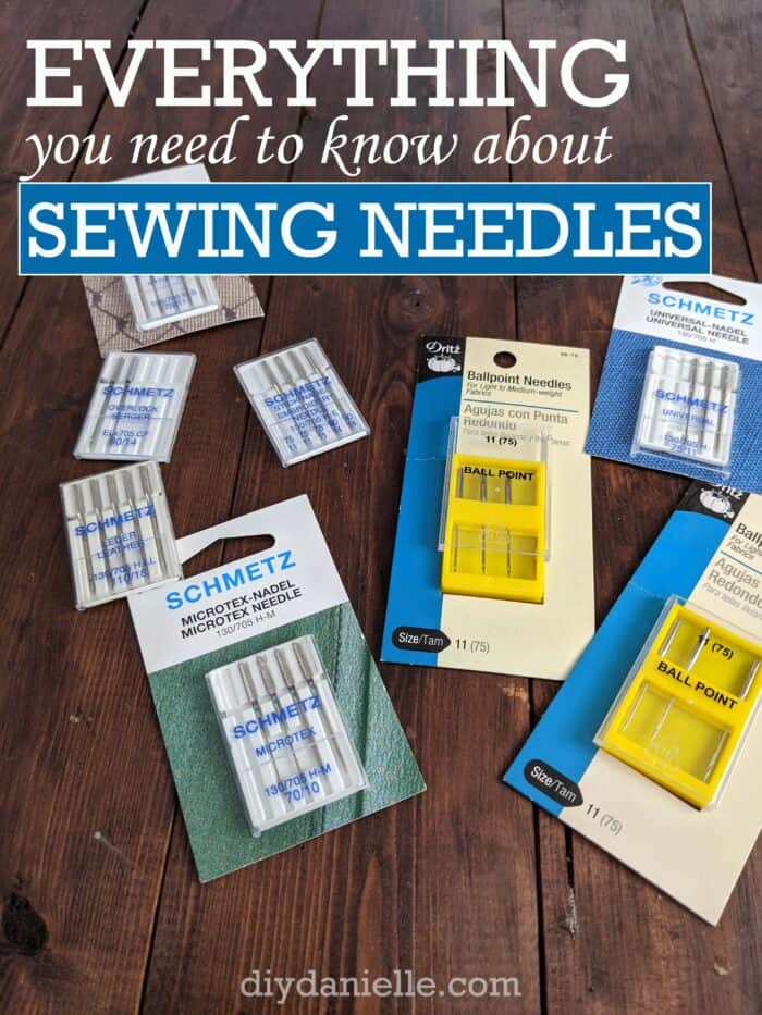 Everything you need to know about sewing needles: Photo includes many different types of needles used for a sewing machine. 