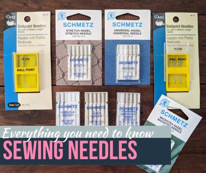 Sewing Needle 101: Photo includes various types of sewing machine needles from the Dritz and Schmetz brands.