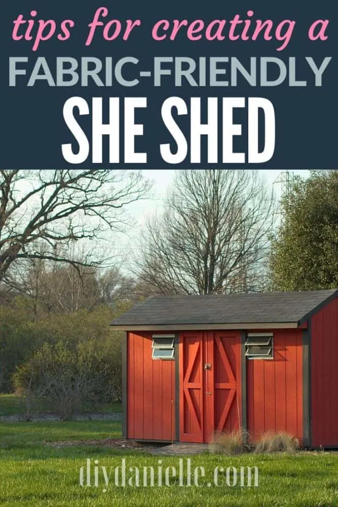 Tips for creating a fabric-friendly she shed for you to sew in! Pictured: Red shed with two small windows.