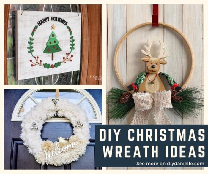 DIY Wreath Ideas for Christmas and winter decor. Pictured: Wood wreath with Christmas tree, Embroidery hoop wreath with Reindeer, and White wreath with jingle bells and a white bird.