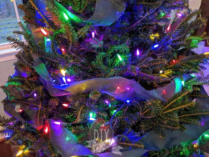 Burlap ribbon, blue, on Christmas tree.
