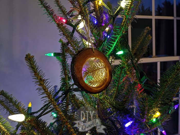 DIY wood slice ornament with pine needles in the resin center. 