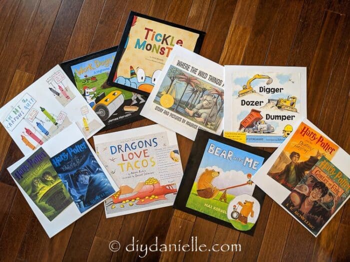 Book Jacket Wall Art Craft: Using all of our favorite children's books to make decor for the playroom wall.