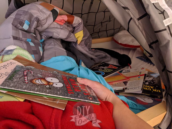 loads of books in my son's bunk bed