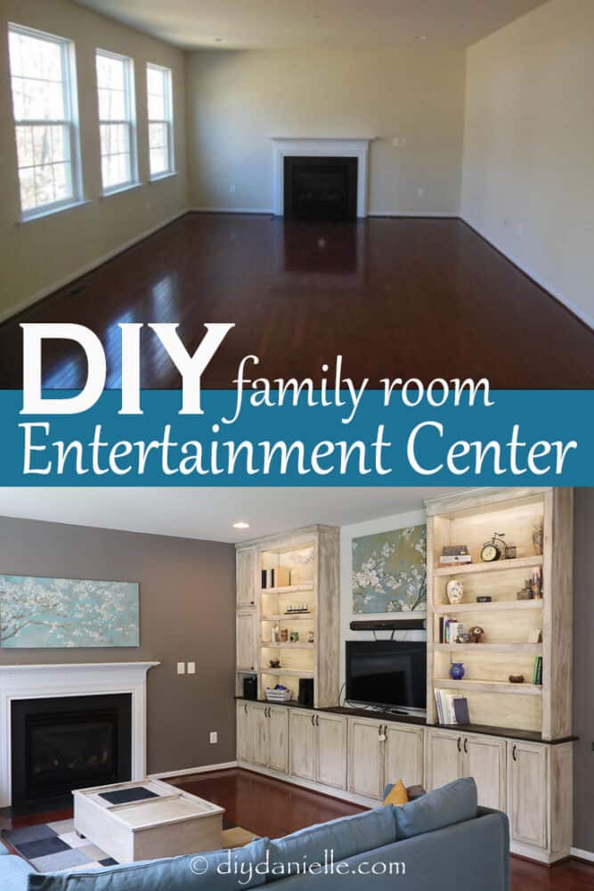 DIY Entertainment Center and Bookshelves with under cabinet lighting. These are HUGE with lots of storage space.