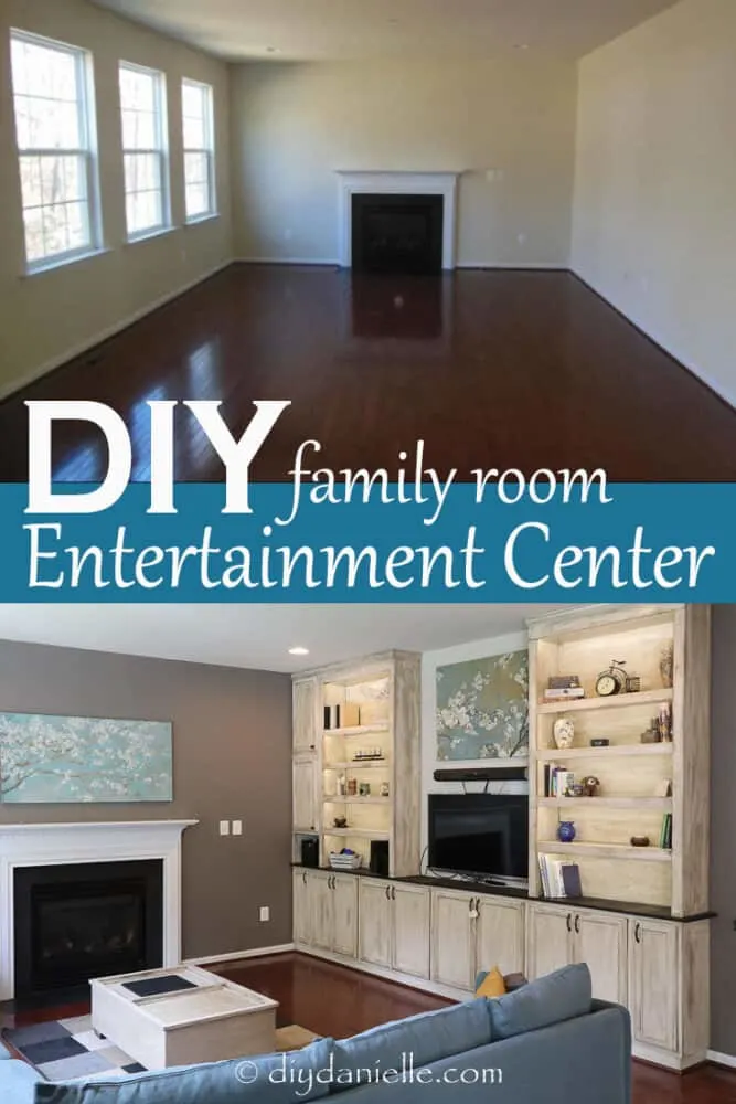 DIY Entertainment Center and Bookshelves with under cabinet lighting. These are HUGE with lots of storage space.