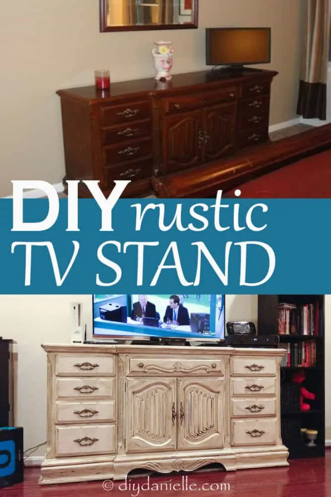 DIY rustic TV stand: before and after pictures of the distressed wood bureau.