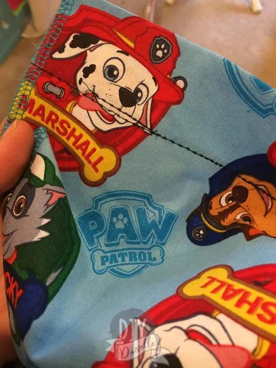 Rod pockets sewn on the Paw Patrol fabric.