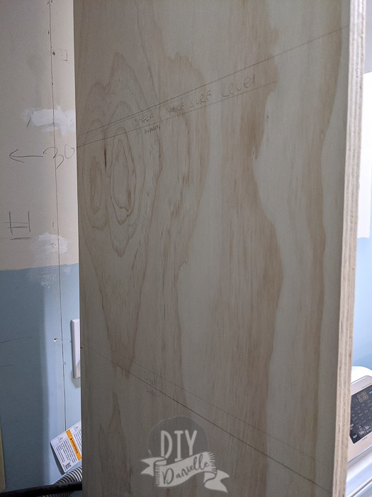 I used a pencil to draw on the shelf lines on the plywood, using a level to make sure the lines were level!