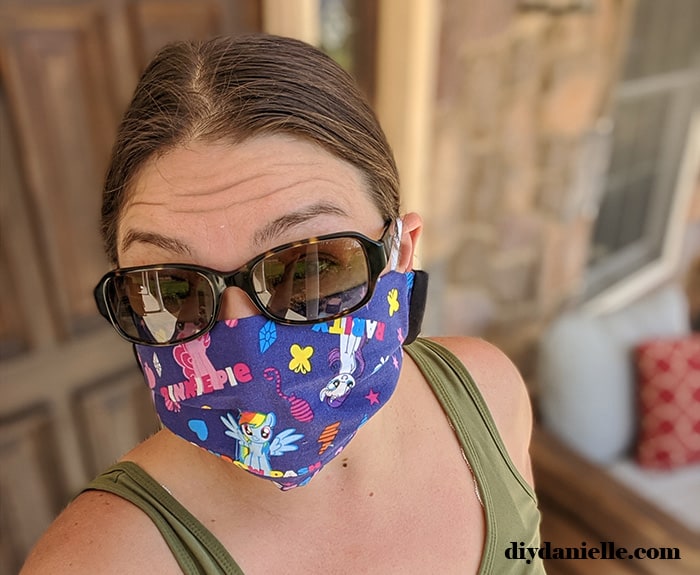 Handmade pleats face mask on me: My Little Pony fabric.