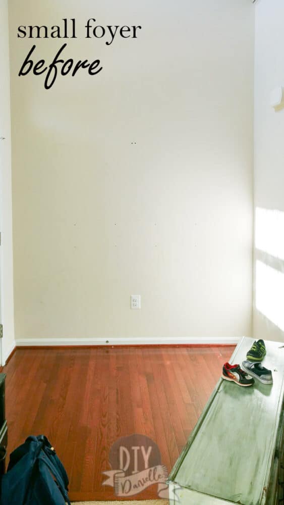 "Before" photos of the tiny foyer area before we added shelves.