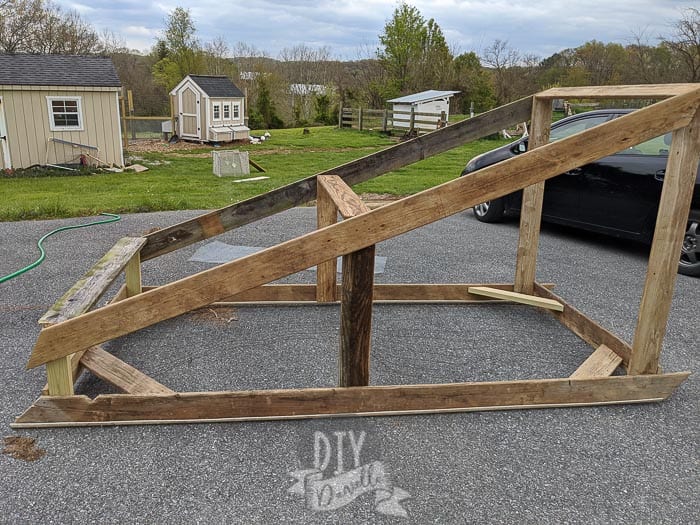 Frame for the chicken tractor in the driveway before adding wire.