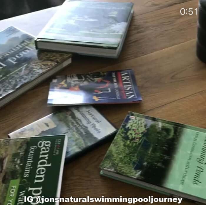 Books and DVDs used while researching swimming ponds.