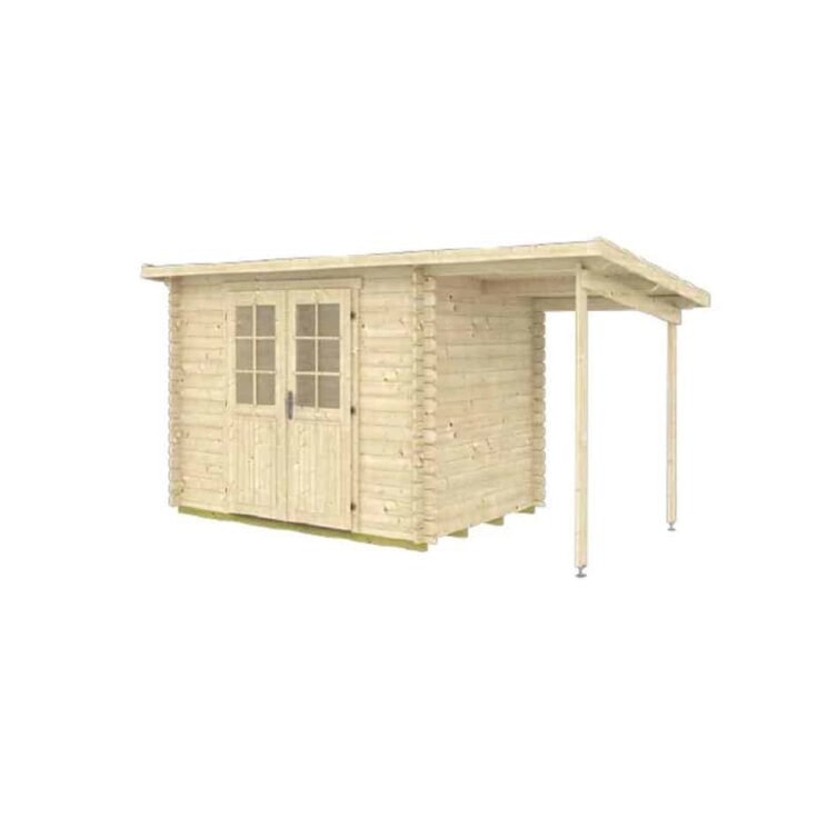 Log Cabin with double doors and overhang for small mower to park under.