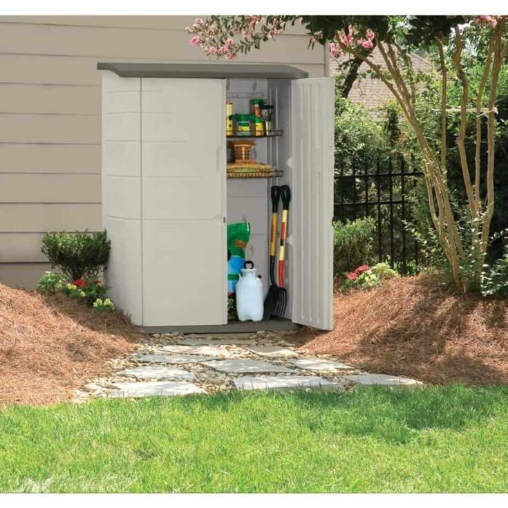Plastic storage shed for the garden with one door open so you can see products on the shelves.