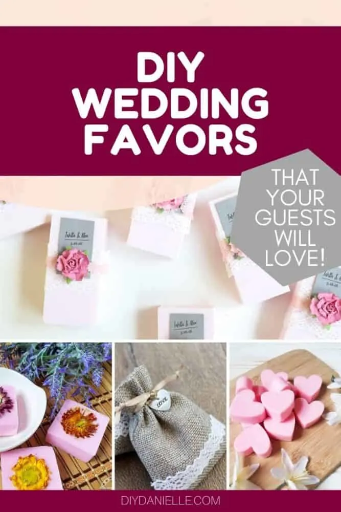DIY wedding favors collage: wedding favors that your guests will love. Photos: small soaps with flowers, sachets with lace, and heart candies. 