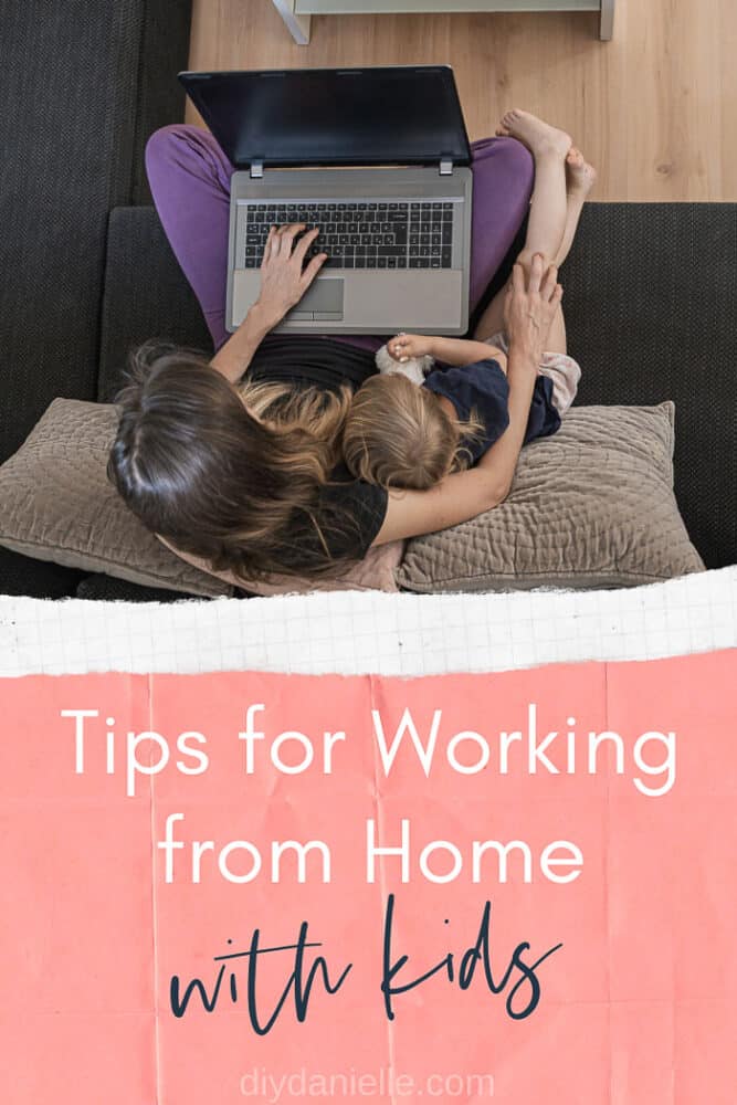 Tips for working from home with kids: Overhead shot of mom and child on couch looking at laptop. 