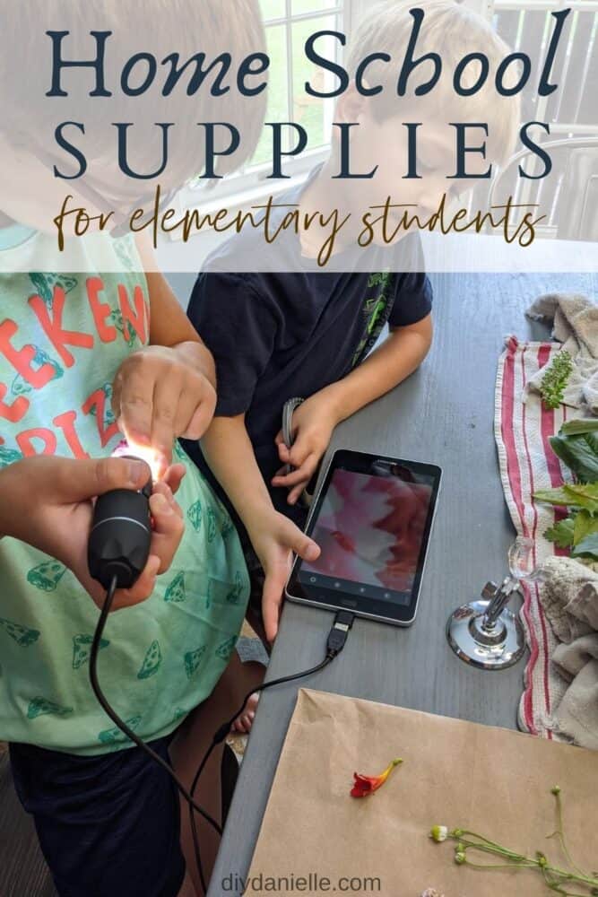 Homeschool supplies for elementary students: Two boys, ages 7 and 9, using a small microscope and tablet to look at a variety of flowers, leaves, and stems.