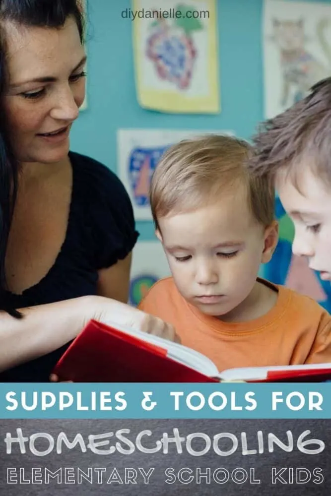 Supplies and tools that come in useful for homeschooling elementary school kids. Photo: Stock photo of a woman reading a book to two boys. 