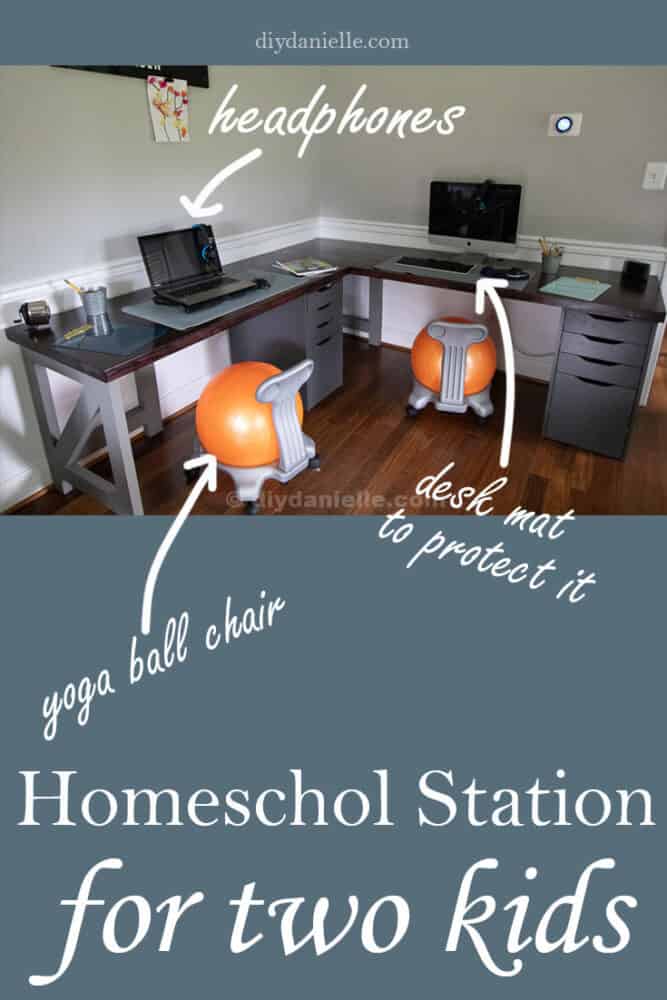 Homeschooling station setup for two kids. There's a desk mat to protect the butcherblock countertops, each child has a drawer to store their things, a yoga ball chair to prevent wiggles, and headphones so they aren't bothering each other. The DIY 2 person corner desk is built with Alex IKEA drawers.