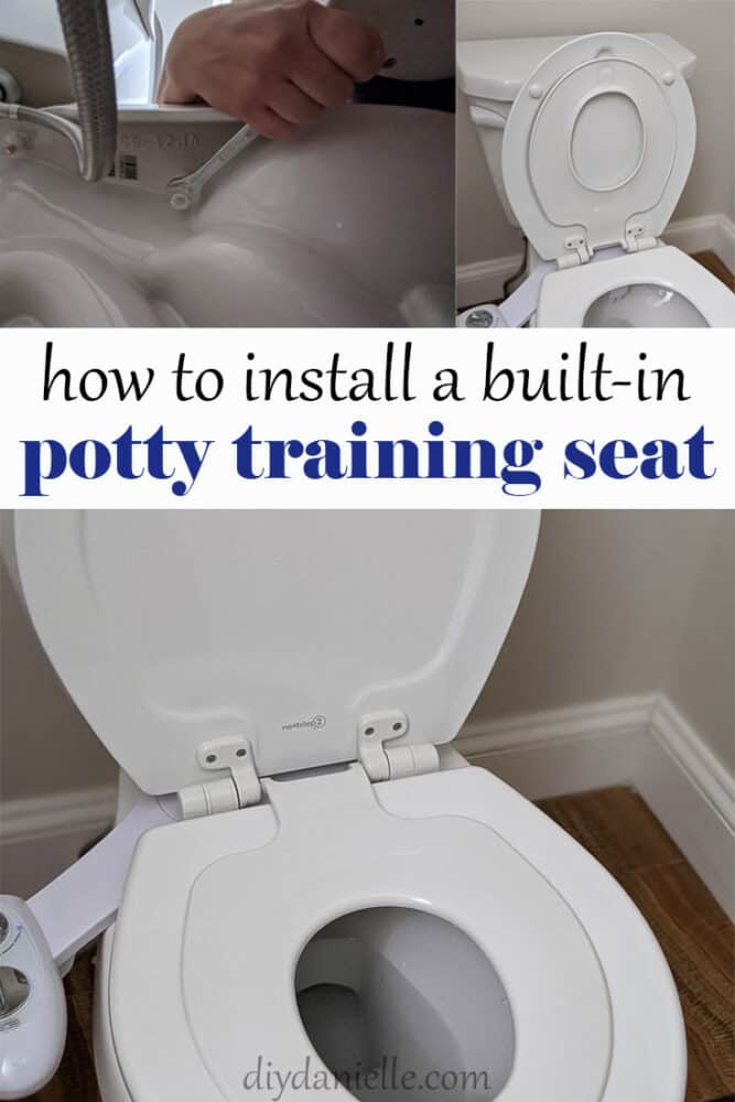How to install a built in potty training seat.  Photo of seat with an extra smaller toilet seat for kids... positioned up and down in two photos and a third photo shows how to tighten the screws. 