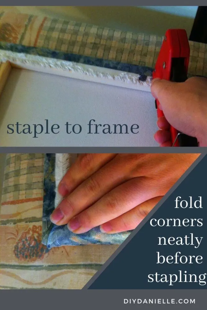 Stapling fabric to the frame of an art canvas.