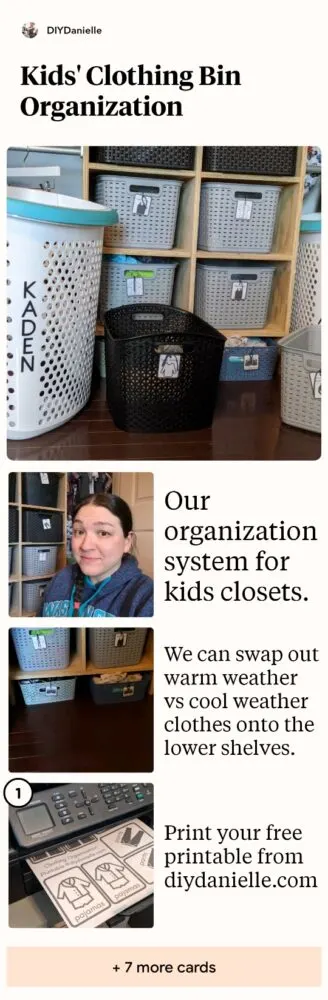 Our organization system for the kids closets. Photos of bins with labels that say shirts, pants, etc. 