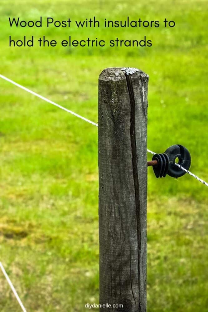 Insulators attached to a wood post and electric rope.