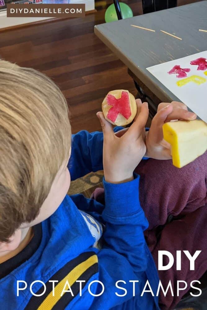 How to make potato stamps with supplies you already have at home. These were made with leftover potatoes, paint, and kitchen knives... the kids drew their own bubble letters.