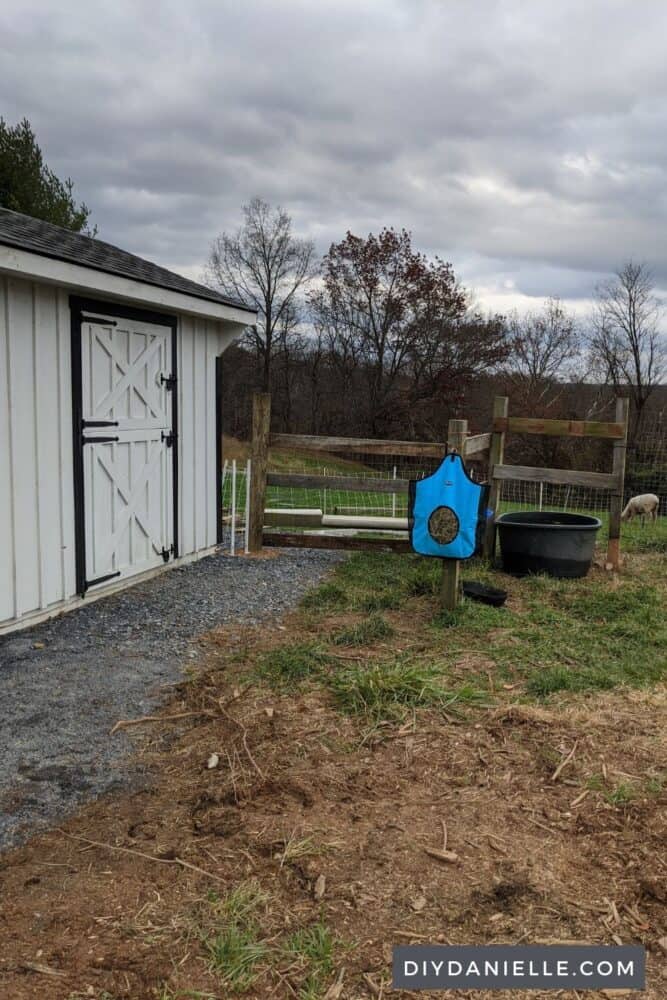 The feed/water area. The stall is what I use for storing feed and animal supplies.